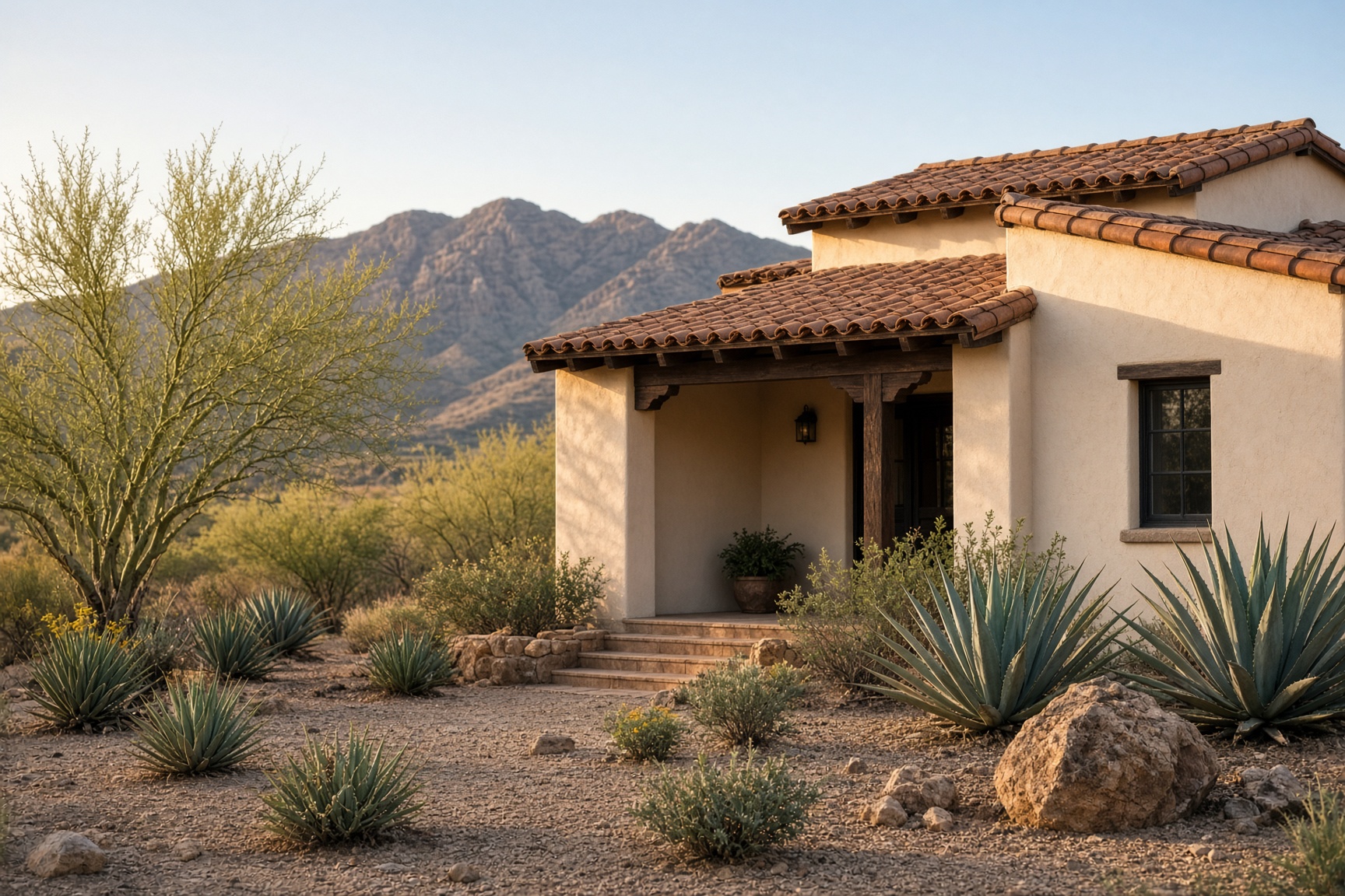 Southwestern Tucson home with clay tile roof and desert landscaping