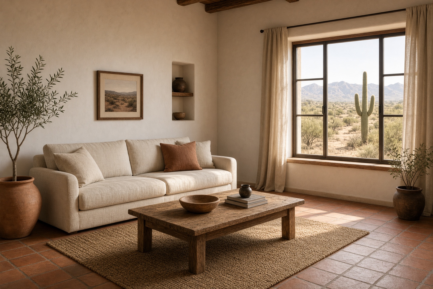 Sunlit Tucson living room with terracotta floors and desert light